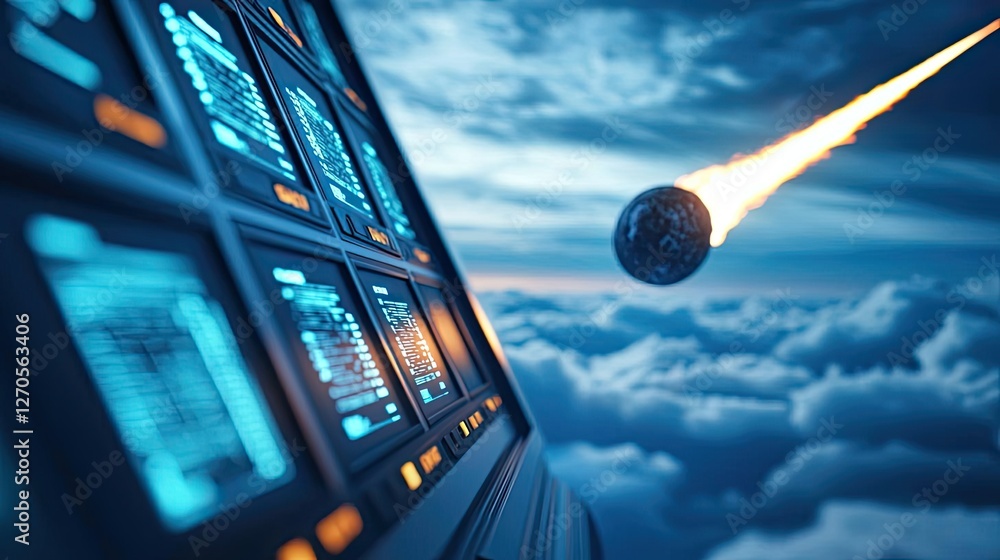 Poster asteroid impact concept. futuristic control panel with asteroids soaring through the clouds in the b