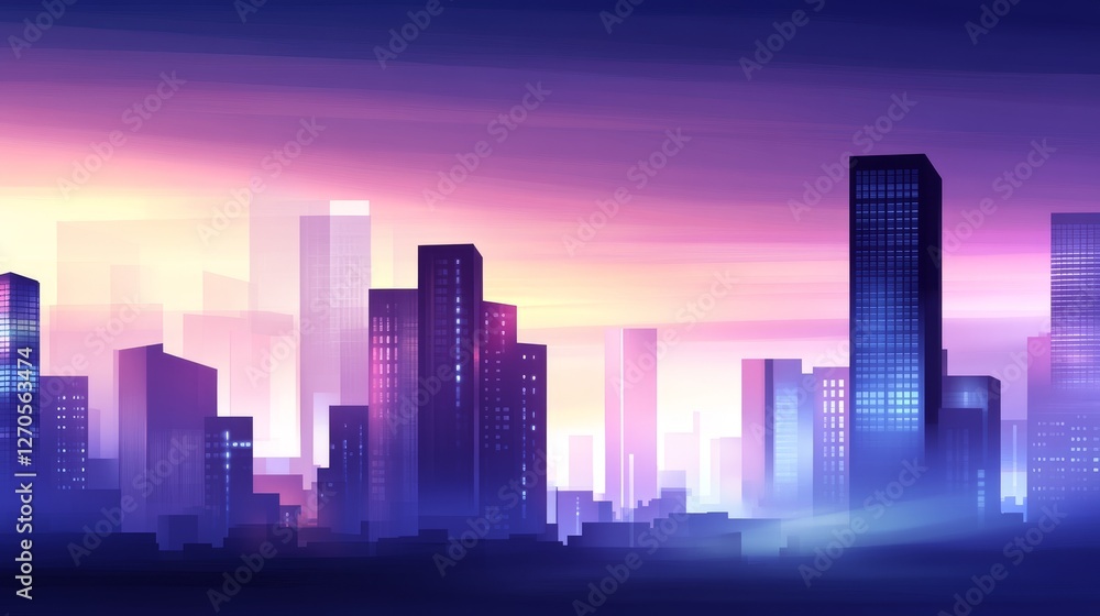 Wall mural vibrant city skyline at dusk with colorful light and soft gradient hues in the background