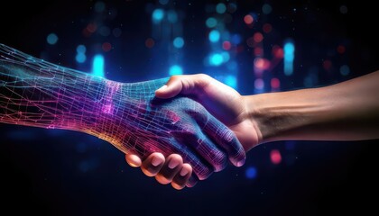 A digital and human hand shaking, symbolizing collaboration and technology integration.