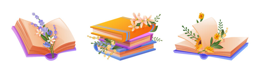 Decorative flower book illustrations with open pages, gentle blooms, stacked paper literature, colorful covers, green grass and leaves. Romantic cartoon design elements for reading hobby design.