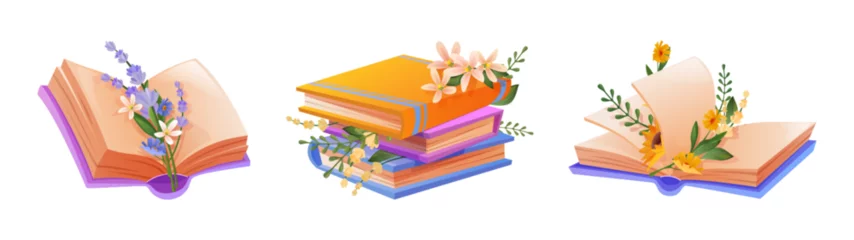 Fotobehang Decorative flower book illustrations with open pages, gentle blooms, stacked paper literature, colorful covers, green grass and leaves. Romantic cartoon design elements for reading hobby design. © klyaksun