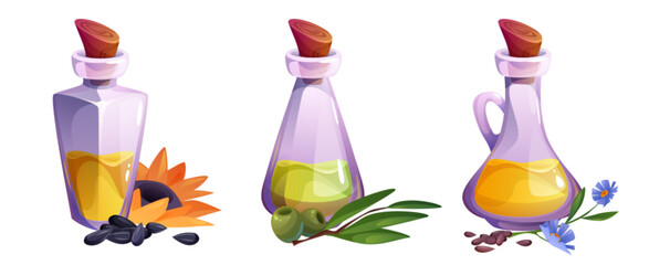 Fototapeta premium Glass bottles set with different oil types - sunflower with seeds, olive with green fruits, flaxseed with blue flowers. Natural organic liquid collection in transparent vessels with wooden corks.