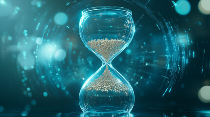 Time's Passage: An illuminated hourglass, its sand flowing, against a backdrop of a futuristic network, symbolizing the concept of time, deadlines and future