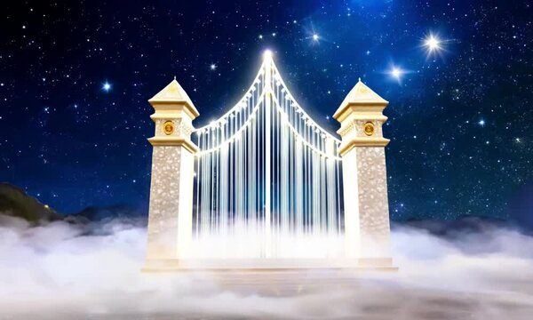 The golden pearly gates of heaven white clouds and stars in blue sky background at night. generative ai
