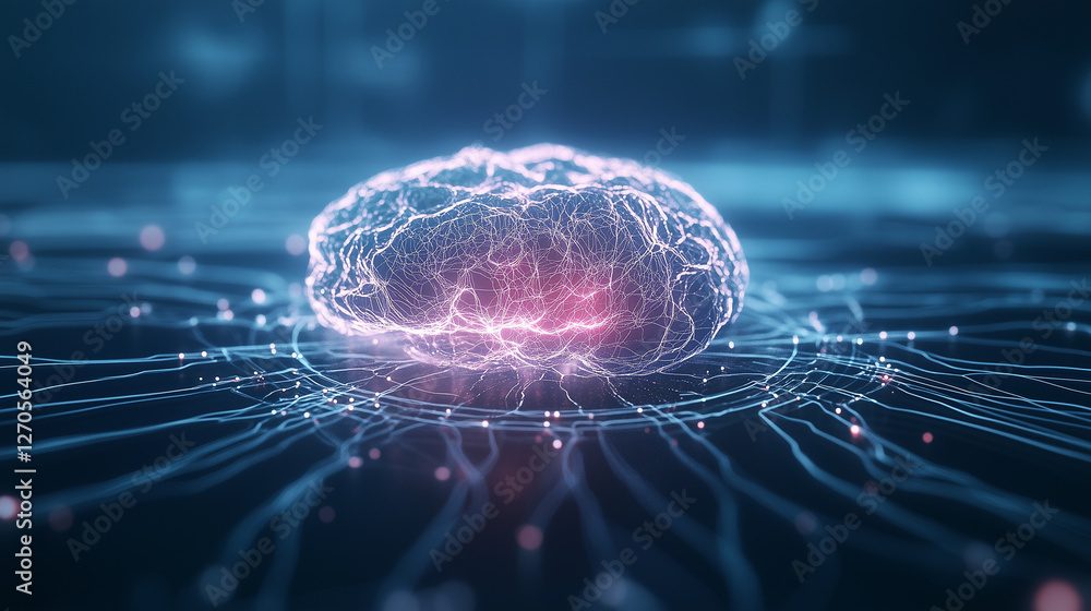 Poster illuminating the mind: a radiant, glowing representation of the human brain, interwoven with a netwo