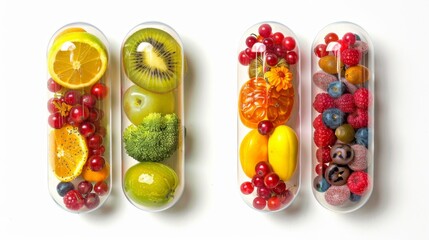 Pill capsule filled with vegetables and fruits. Vitamin and mineral supplements capsule with fruits vegetables. Multivitamin capsule. Colorful capsule. Fresh fruits and vegetables. Supplement. Healthy