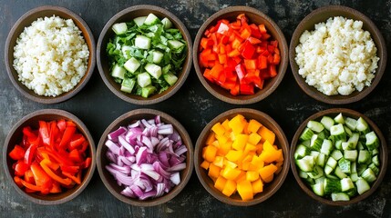 A colorful arrangement of diced vegetables in bowls, ready for cooking or meal preparation.