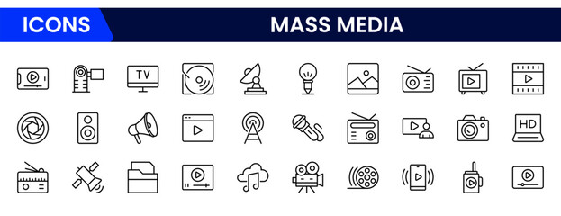 Mass media and journalism. TV show, program, news, report, video and interview.Outline icon collection.