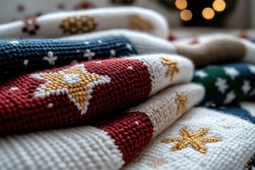 Fototapeta premium A close-up of beautifully knitted sweaters with intricate holiday designs, highlighting craftsmanship and warmth in a cozy atmosphere during the festive season.