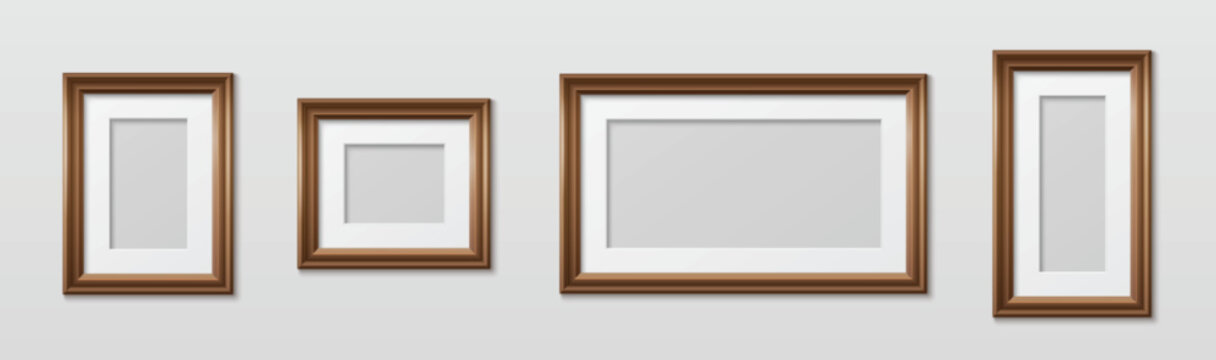 Wooden picture frames mockup set in different sizes with white matte border mounts on light wall. Realistic classic brown rectangular borders collection for photos, paintings or gallery decoration.
