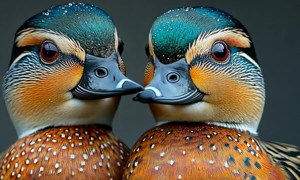 Close-up of two vibrant ducks with striking plumage, showcasing their intricate patterns and colors