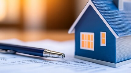 Miniature house model and pen on real estate documents with a warm background ambiance