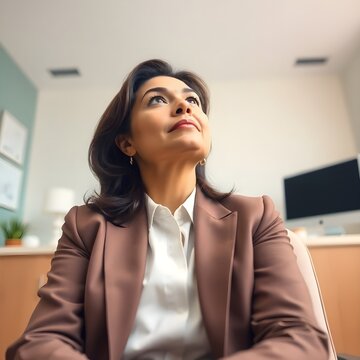 Mujer hispana de mediana edad con traje mirando hacia arriba