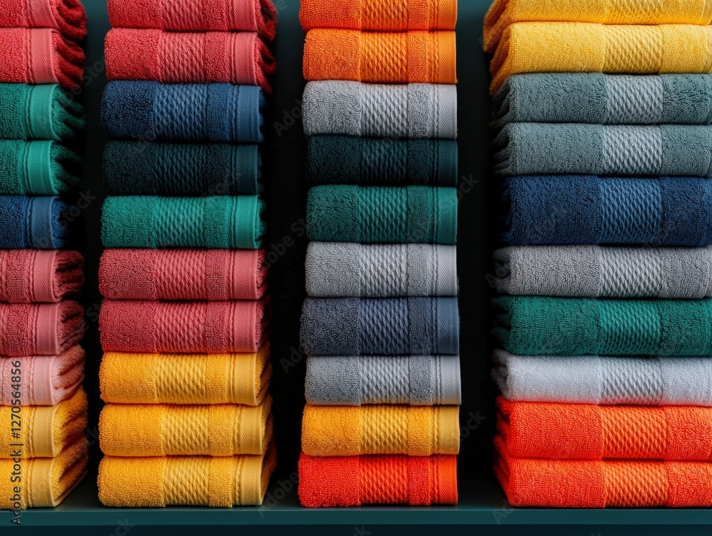 Poster vibrant stack of colorful towels neatly arranged.