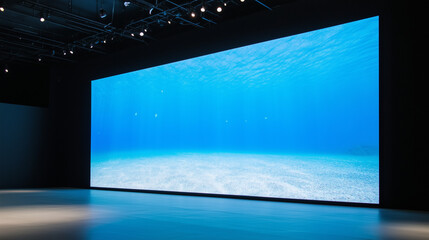 Aquatic Display: A large screen displaying an underwater scene, set within a sleek, modern space with minimalist design, creating a sense of immersion and visual spectacle.