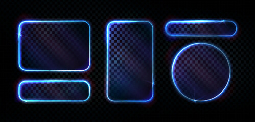 Neon light frames set with glowing blue borders on transparent background. Glass effect geometric shapes - rounded rectangle, circle with luminous edges. Bright frames collection for futuristic design