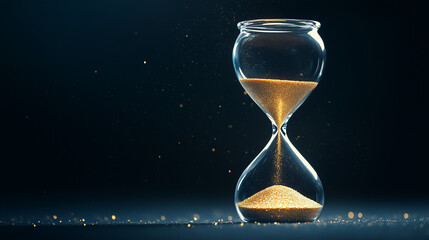 Time's Gentle Flow: An hourglass, poised in a moment of timelessness, with grains of golden sand gracefully flowing against a backdrop of deep hues.