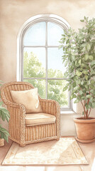 Obraz premium Tranquil Corner with Sunlight and Wicker Chair