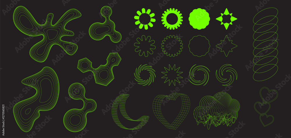 Poster y2k neon grid elements set with abstract curved shapes, spiral lines, futuristic flowers and hearts,