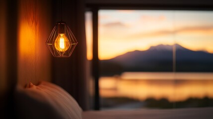 Close-up of a bedside pendant lamp casting warm light on textured walls, framing a stunning mountain landscape at sunset through a large glass window