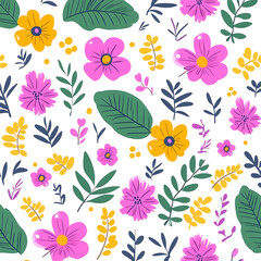 Cheerful Floral Pattern in Pink Yellow and Green on White Backdrop for Fabric Design and Decoration