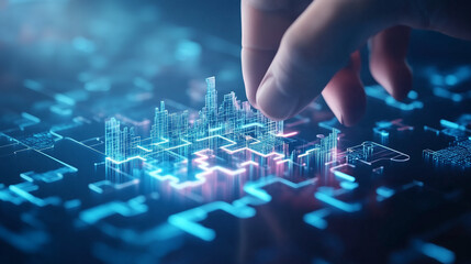 Digital Integration: A hand delicately places a puzzle piece onto a glowing digital interface, representing the seamless integration of technology and solutions in the modern age.