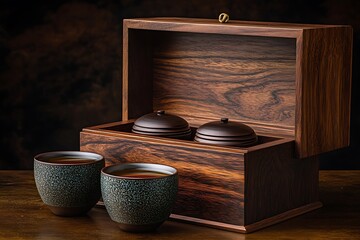 Exquisite Wooden Tea Box with Ceramic Cups