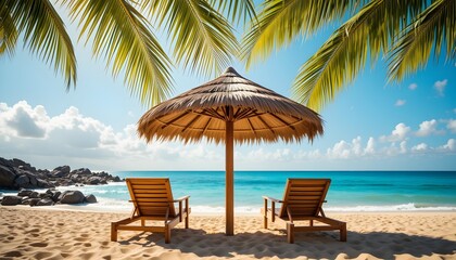 Tropical Beach Scene with Thatched Umbrella and Lounge Chairs