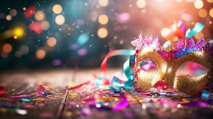 Close-up of a colorful carnival mask featuring sequins and ribbons, surrounded by bright confetti. Blurred party lights enhance the joyous celebration atmosphere