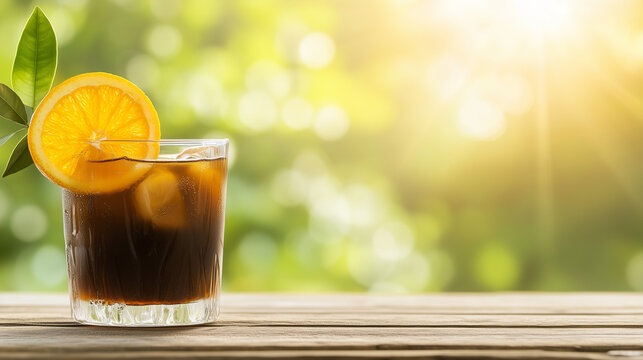  Refreshing Elixir: A tempting glass of a dark, sparkling beverage, garnished with a vibrant orange slice and a fresh green sprig, sits on a rustic wooden surface, illuminated by a natural.