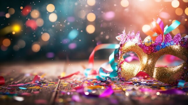 Close-up of a colorful carnival mask featuring sequins and ribbons, surrounded by bright confetti. Blurred party lights enhance the joyous celebration atmosphere