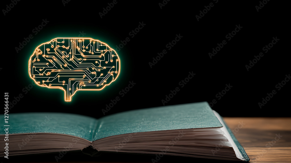 Poster circuit brain over open book concept of artificial intelligence and learning development with ideas