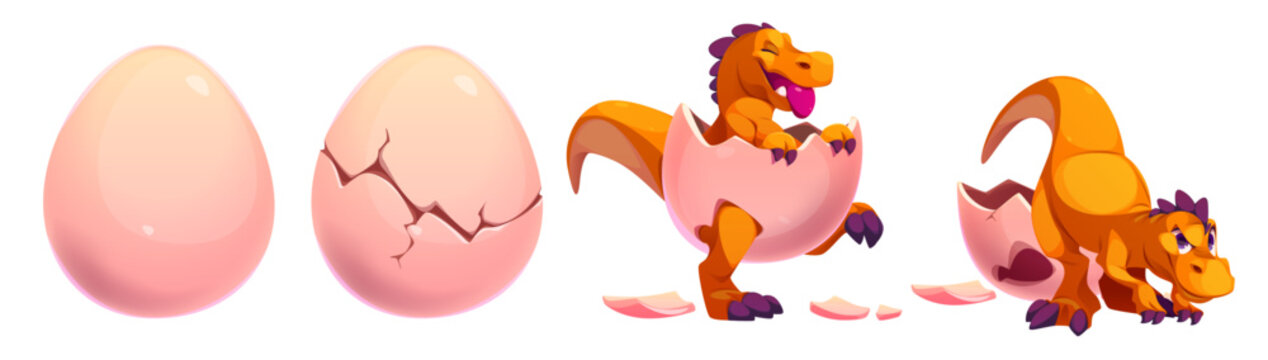 Orange baby dinosaur hatching sequence - whole pink egg, cracked shell with cracks, joyful raptor emerging from eggshell, curious little dino character. Cute prehistoric reptile birth process.
