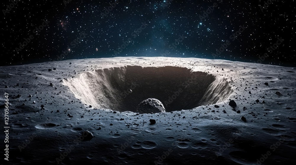 Poster asteroid impact idea. a dramatic view of a lunar crater illuminated by starlight in outer space.