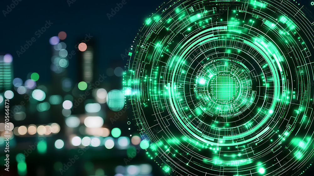 Aufkleber circular tech interface on bokeh cityscape background with glowing green illumination effects