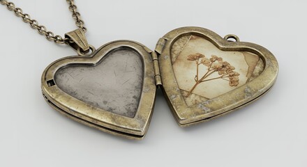 Antique Heart-Shaped Locket Necklace with Dried Flower Keepsake: A Vintage Charm