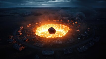 Asteroid impact idea. A stunning view of a volcanic eruption surrounded by a dark landscape.