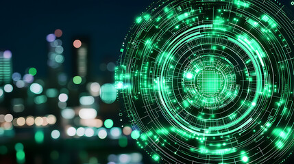 Obraz premium Circular Tech Interface on Bokeh Cityscape Background with Glowing Green Illumination Effects