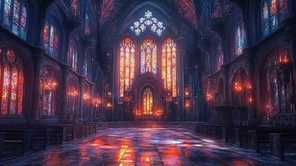 Fototapeta premium A grand cathedral interior with glowing stained glass and ornate details 