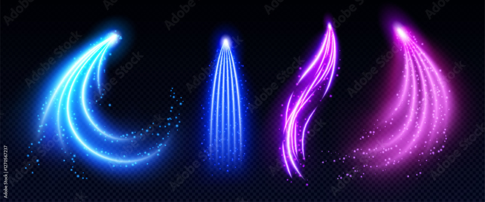 Poster magic arrow light trails set isolated on transparent background. vector realistic illustration of ne
