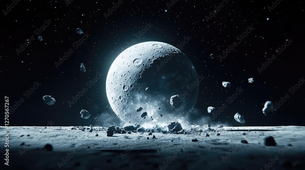 Poster asteroid impact idea. a stunning view of a moon surrounded by asteroids in deep space.