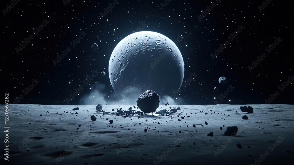Poster asteroid impact idea. a captivating view of a celestial body with a serene moon in deep space.