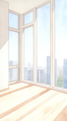Fototapeta premium Watercolor Illustration of a Modern City Apartment Room with a View