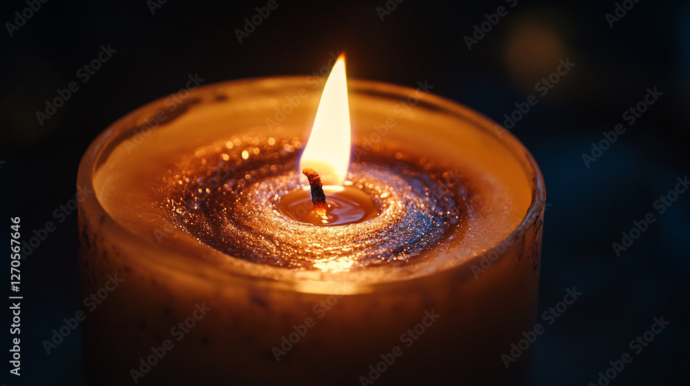 Poster soft glow of a burning candle creating a serene atmosphere in a dim setting