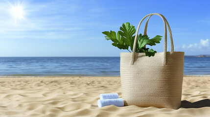 Beach bag with towels and plant on sandy beach for spring break