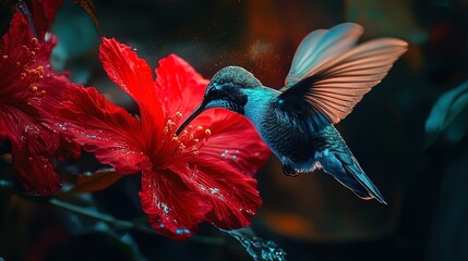 Fototapeta premium Macro shot of a hummingbird drinking nectar from a vibrant red flower