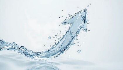 Water arrow icon with a transparent, fluid design, symbolizing growth and progress, set against a light blue background with water droplets
