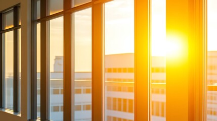 Obraz premium Sunlight streaming through large windows of a modern office building during sunset