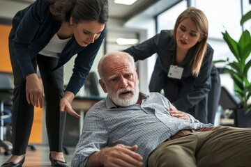 Helping Aged Fainted Man On Office Floor, 