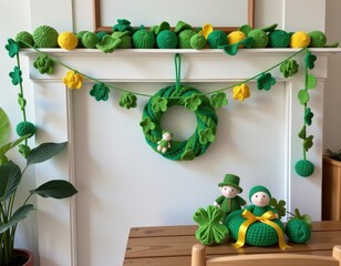 Festive green decor featuring crochet shamrocks and yellow flowers on a mantelpiece in a cozy living room